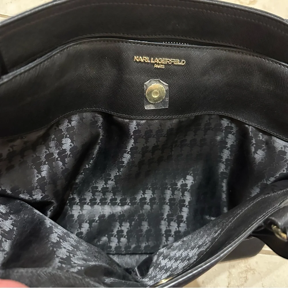 Karl Lagerfeld Paris Black Leather Tote Bag Saffiano Gold Hardware Large Handbag